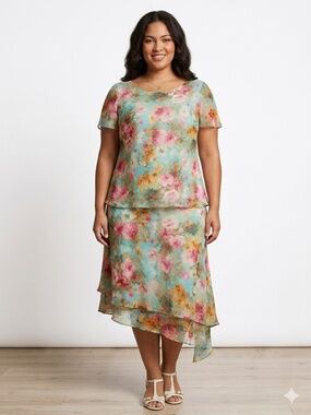 K Studio 2 Pc Floral Chiffon Skirt Set Size 12 Watercolor Garden Party
